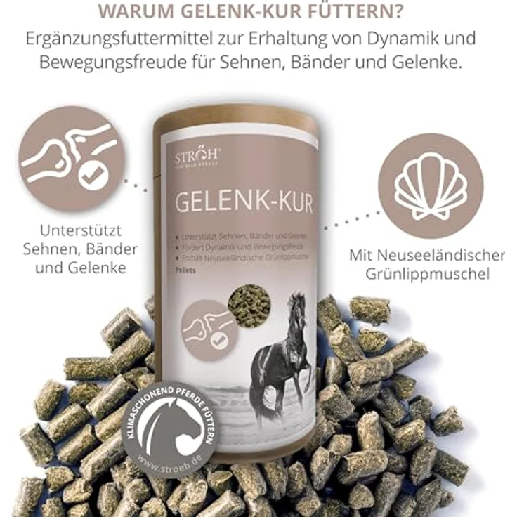 STRÖH Gelenk-Kur für Pferde, 1,1 kg Dose mit Grünlippmuschel, Kollagen, Antioxidantien & Omega-3-Fettsäuren zur Unterstützung von Gelenken, Bändern & Sehnen – Bild 3