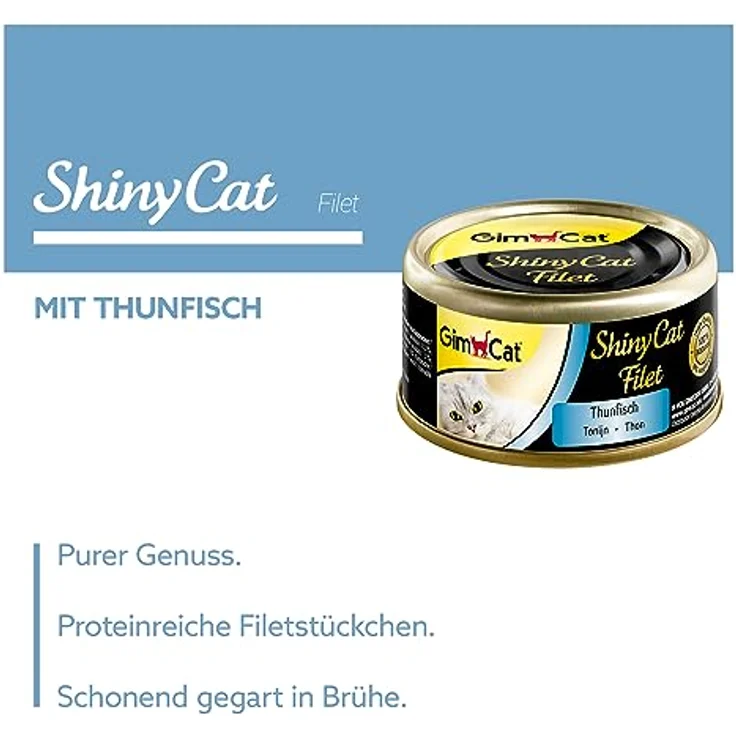 GimCat ShinyCat Filet Thunfisch, Katzenfutter mit 64% Thunfisch, ohne Zuckerzusatz, 48 Dosen (48 x 70 g) – Bild 2