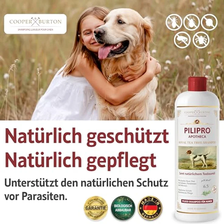 COOPER & BURTON Teebaumöl Hundeshampoo 500ml | pH-hautschonendes Shampoo gegen Juckreiz, Flöhe, Zecken & Milben für alle Hunderassen, mit seidigem Glanz und leichter Kämmbarkeit – Bild 4