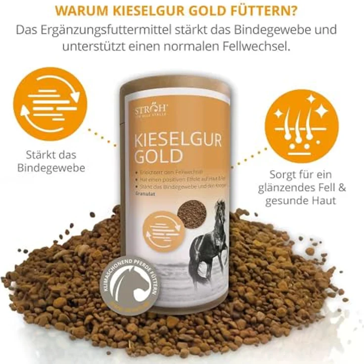 STRÖH Kieselgur Gold Pferd (1,7kg) • Mineralfutter zur Unterstützung von Stoffwechsel & Fellwachstum, reich an Silizium für gesundes Fell und Haut – Bild 3