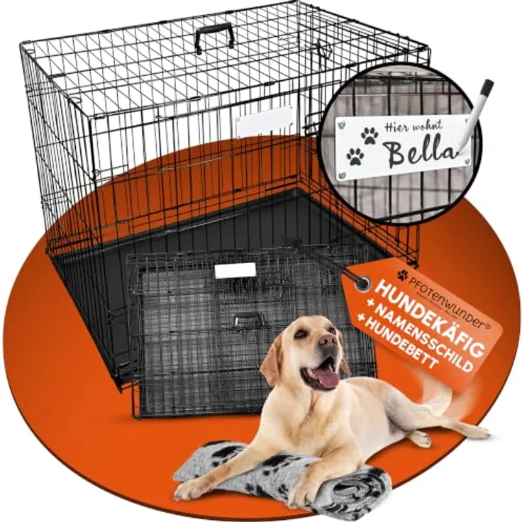 PfotenWunder® Hundekäfig klappbar 90*60*67cm, Hundetransportkäfig mit 2 Türen, Abdeckung, Trainingsbuch und Bodenschale, für Hunde bis 38 cm Schulterhöhe
