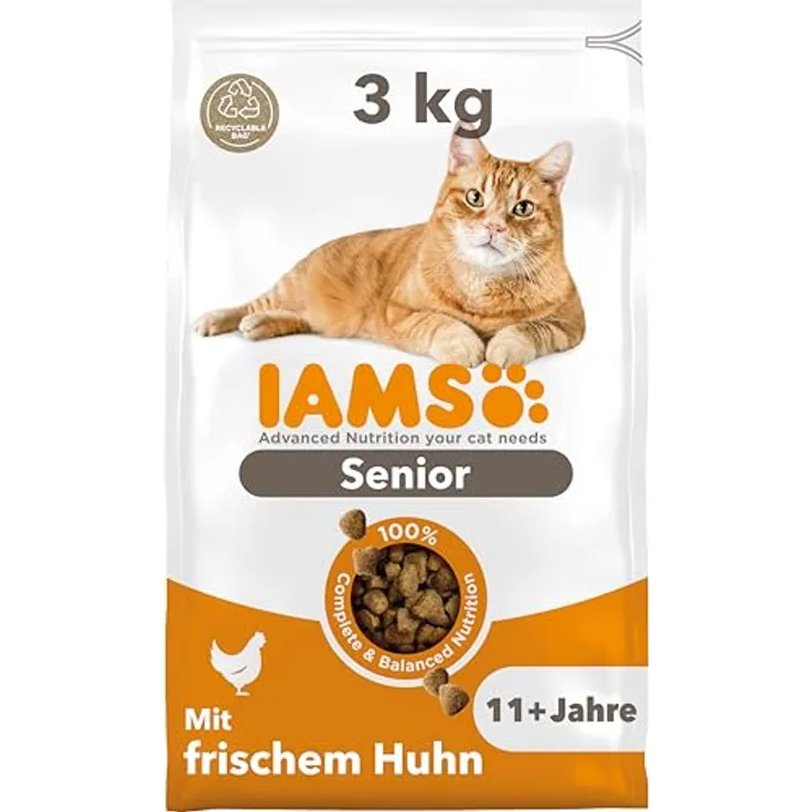 IAMS Senior Katzenfutter trocken mit Huhn, 3 kg für Katzen ab 11 Jahren, vollwertig und weizenfrei, unterstützt Gelenkgesundheit und Immunsystem