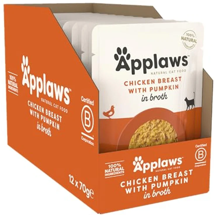 Applaws Premium Natural Katzenfutter Nass, Hühnerbrust mit Kürbis in Brühe, 12x70g Portionsbeutel, 75% Fleischanteil, reich an Omega 6 – Bild 2