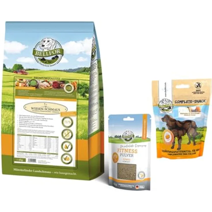 Bellfor Futterset für Windhunde, Getreidefreies Trockenfutter mit Huhn 4 kg, Gelenke & Knochen Complete-Snack 150 g und Muskelaufbaupräparat 80 g
