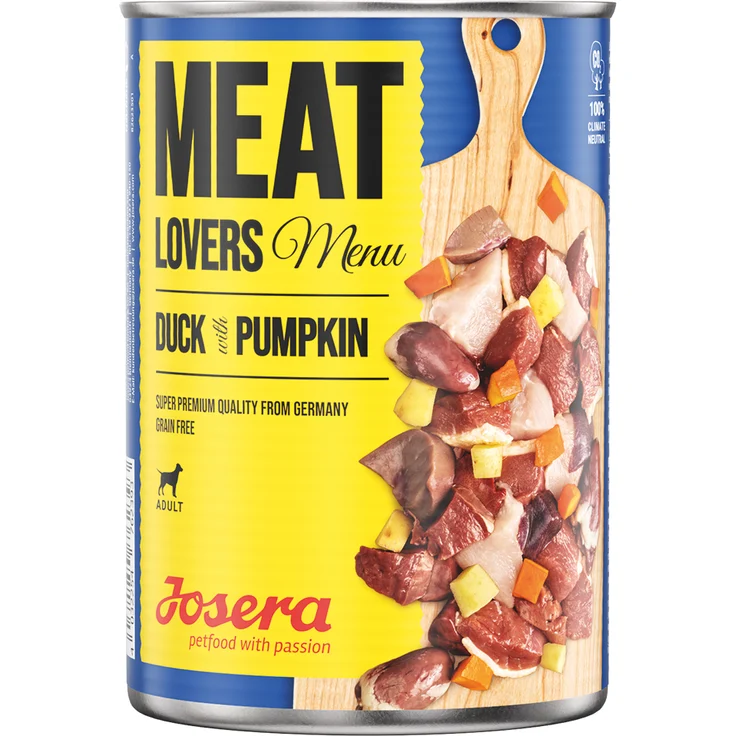 Josera Meatlovers Menü, Hunde-Nassfutter 6 x 800 g, mit Ente & Kürbis, glutenfrei, klimaneutral produziert, Made in Germany