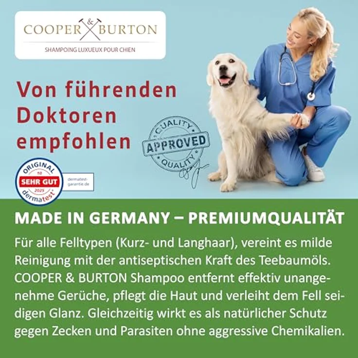 COOPER & BURTON Teebaumöl Hundeshampoo 500ml | pH-hautschonendes Shampoo gegen Juckreiz, Flöhe, Zecken & Milben für alle Hunderassen, mit seidigem Glanz und leichter Kämmbarkeit – Bild 3