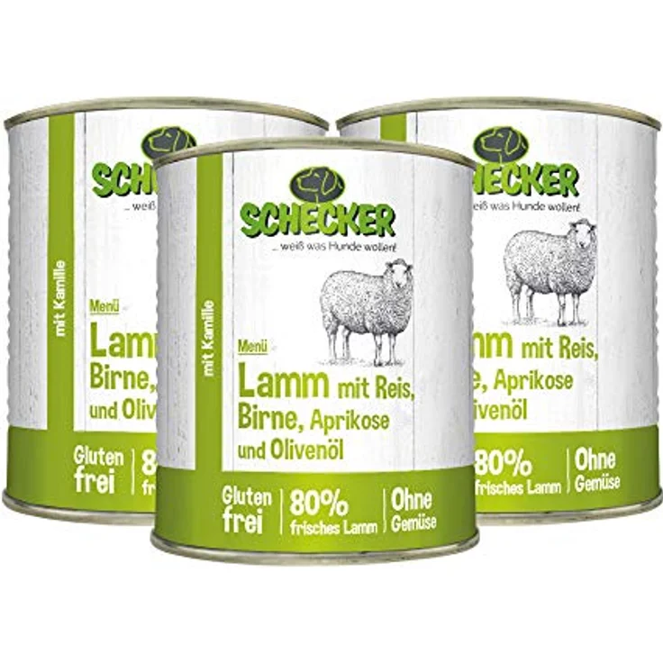 Schecker Hundemenü Nassfutter, 80% Lamm mit Reis, glutenfrei, 3 x 820g Kamille – Bild 1
