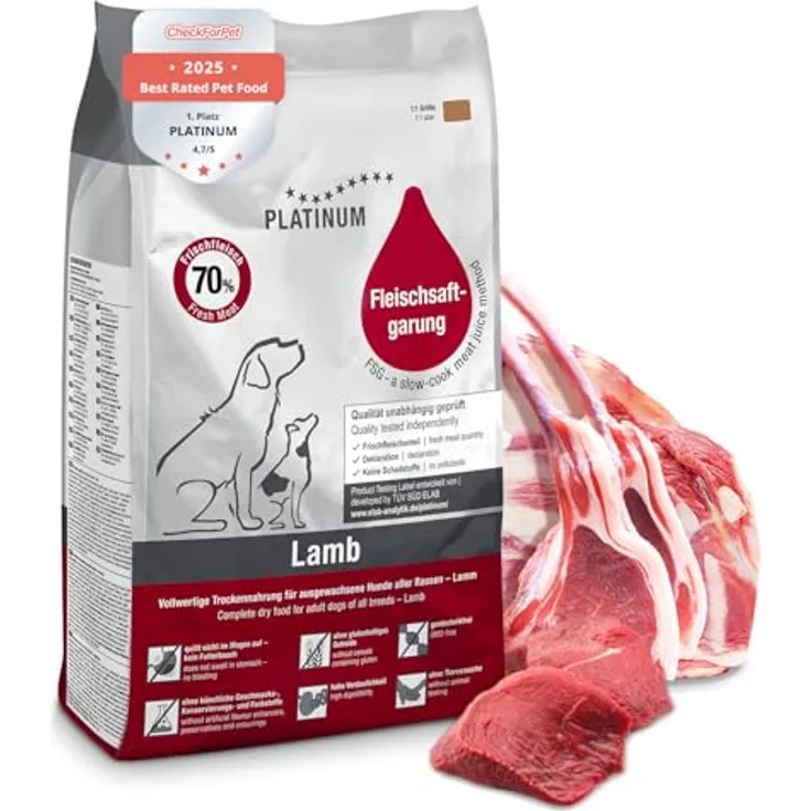PLATINUM Hundenahrung Adult Lamb, 5kg trockenes Hundefutter aus Fleischsaftgarung, nährstoffreich wie BARF, für kleine und große Hunde, in DE geprüft