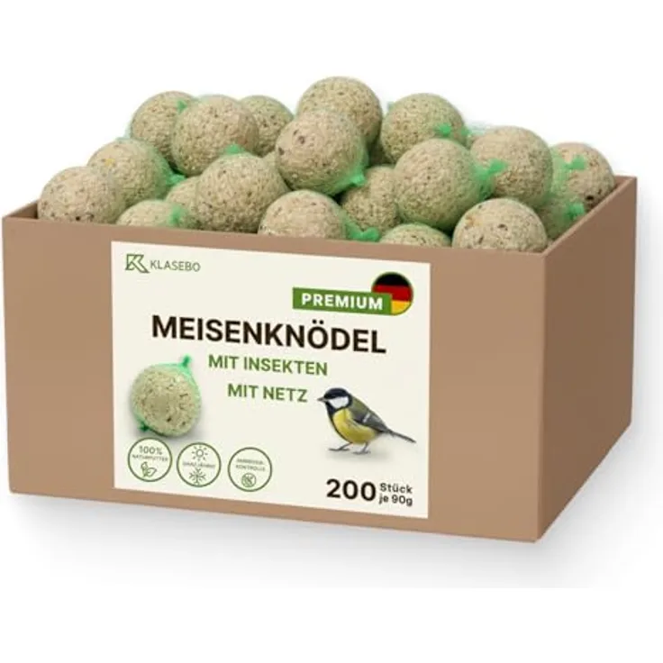 KLASEBO Premium Meisenknödel mit Insekten, 200 Stück (18kg) – Ganzjähriges Wildvogelfutter im praktischen Netz, 100% Naturprodukt, für alle Wildvögel, Energiereiche Delikatesse