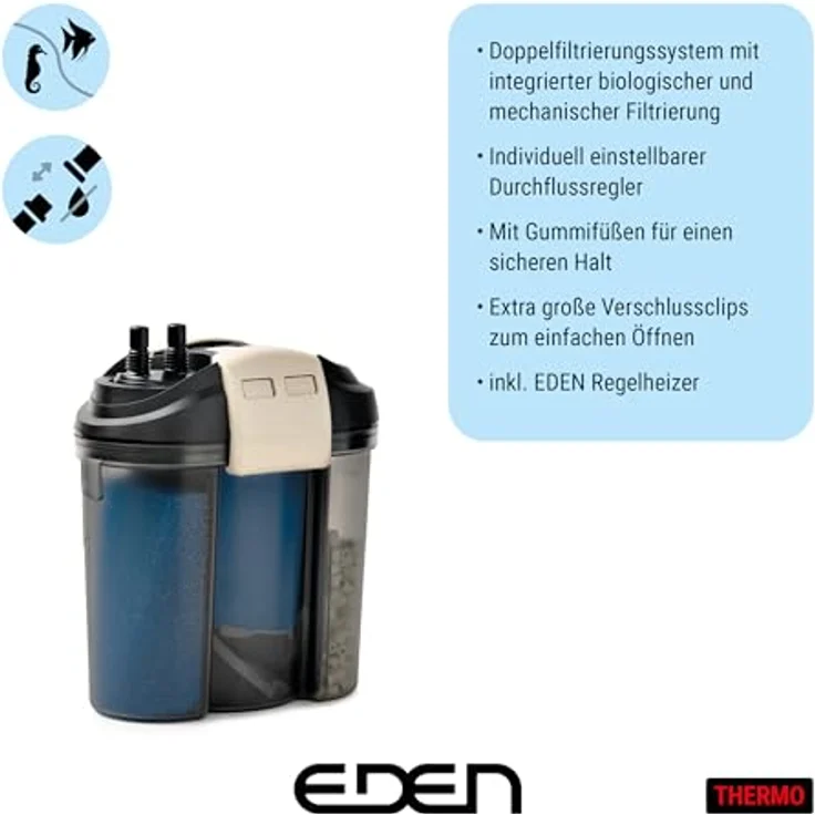Eden 94088 FET 200 Außenfilter, geräuscharmes Doppelfiltersystem mit 200 W Regelheizer für Aquarien bis 200 L, platzsparend im Unterschrank – Bild 2