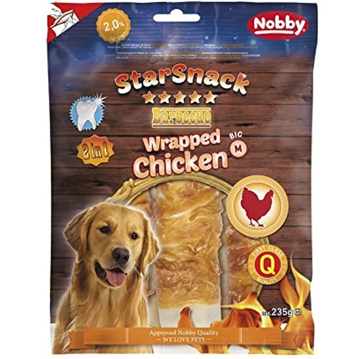 Nobby STARSNACK Barbecue Wrapped Chicken M, Hundesnacks mit 46% Hähnchenfleisch, 3 Stück, ca. 235 g, nur 2% Fettanteil
