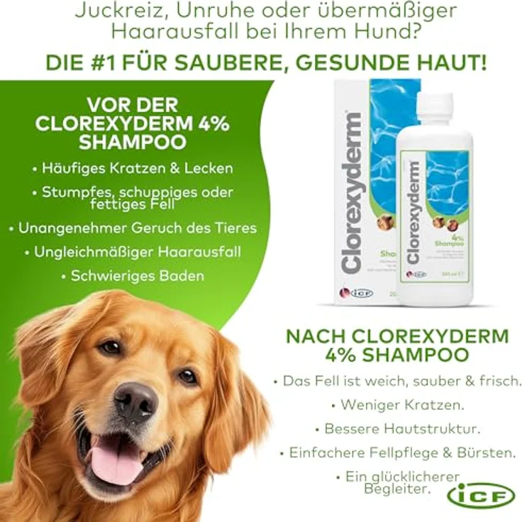 ICF Clorexyderm 4% Shampoo für Hunde, Katzen & Pferde | Tiefenreinigung, Hautfeuchtigkeit & Pflege | Sanfte Formel für alle Rassen, 200ml – Bild 4