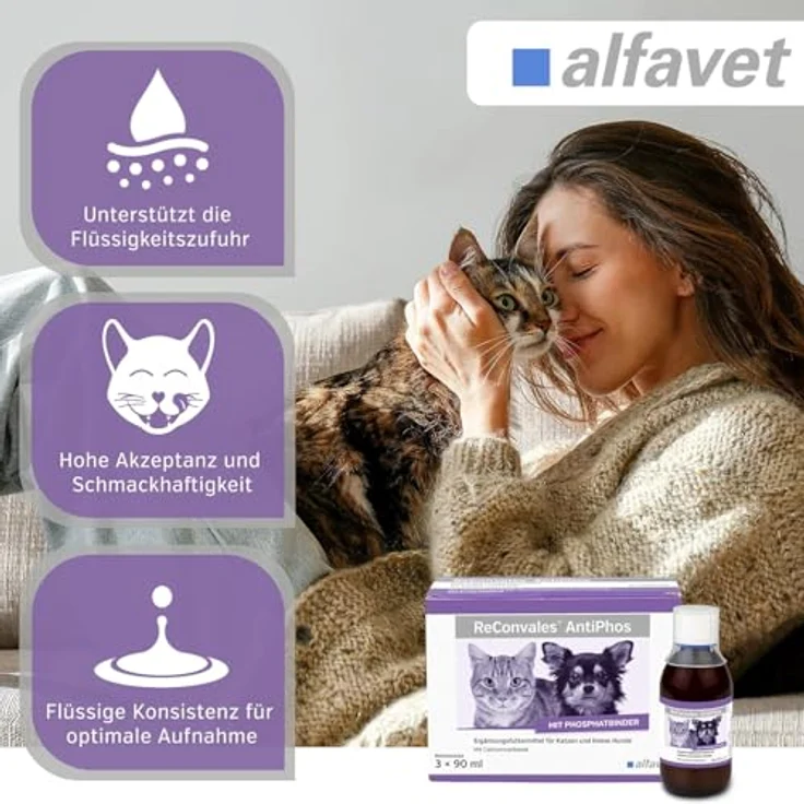 Alfavet ReConvales AntiPhos, Ergänzungsfuttermittel für Katzen und kleine Hunde, 3 x 90 ml, mit Phosphatbinder und Calciumcarbonat zur Nierenunterstützung – Bild 5