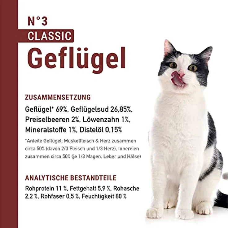 catz finefood N° 3 Geflügel Feinkost Katzenfutter nass, Premium Nassfutter für Katzen ohne Getreide und Zucker, 69% Fleischanteil, 6 x 300g Beutel – Bild 4
