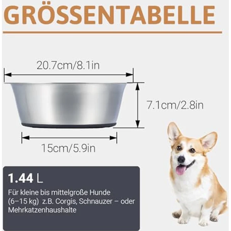 PEGGY11 Hundenapf Edelstahl, 2er Set mit rutschfestem Silikonboden, 1440 ml – Futternapf & Wassernapf für mittelgroße und große Hunde – Bild 2