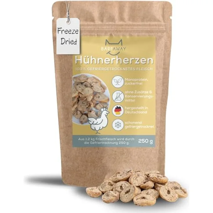 BARFAWAY gefriergetrocknete Hühnerherzen für Hunde und Katzen, getreidefrei, zuckerfrei, 100% natürlich, Deutsche Herstellung, 250 g