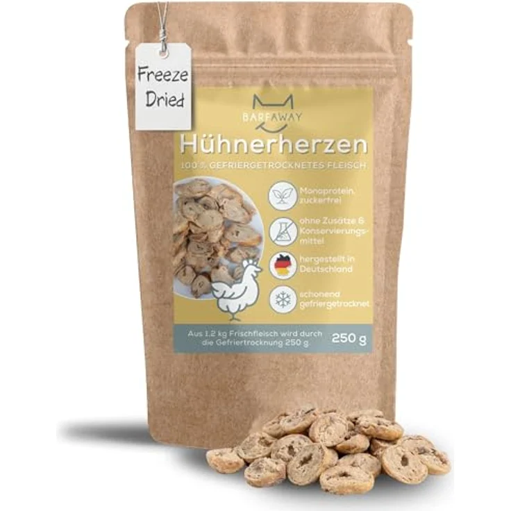 BARFAWAY gefriergetrocknete Hühnerherzen für Hunde und Katzen, getreidefrei, zuckerfrei, 100% natürlich, Deutsche Herstellung, 250 g – Bild 1