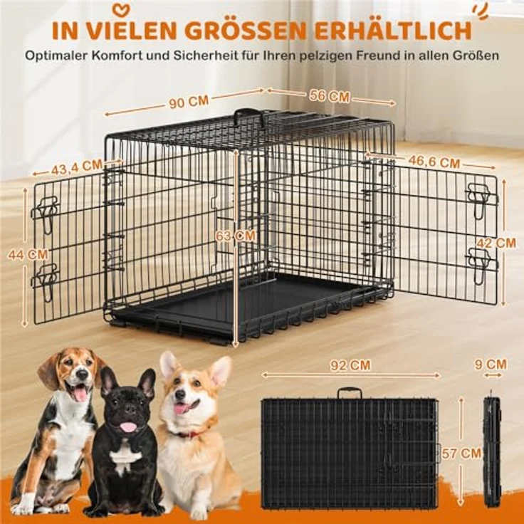 Yaheetech Klappbarer Hundekäfig 90 x 56 x 63 cm, 2 Türen, verstellbare Trennwand, Schwarz – Bild 3