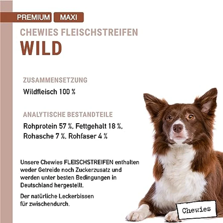 Chewies MAXI Fleischstreifen, Hundeleckerli aus 100% Wildfleisch, 150g, zuckerfrei & getreidefrei, getrocknete Kaustreifen, Made in Germany – Bild 4