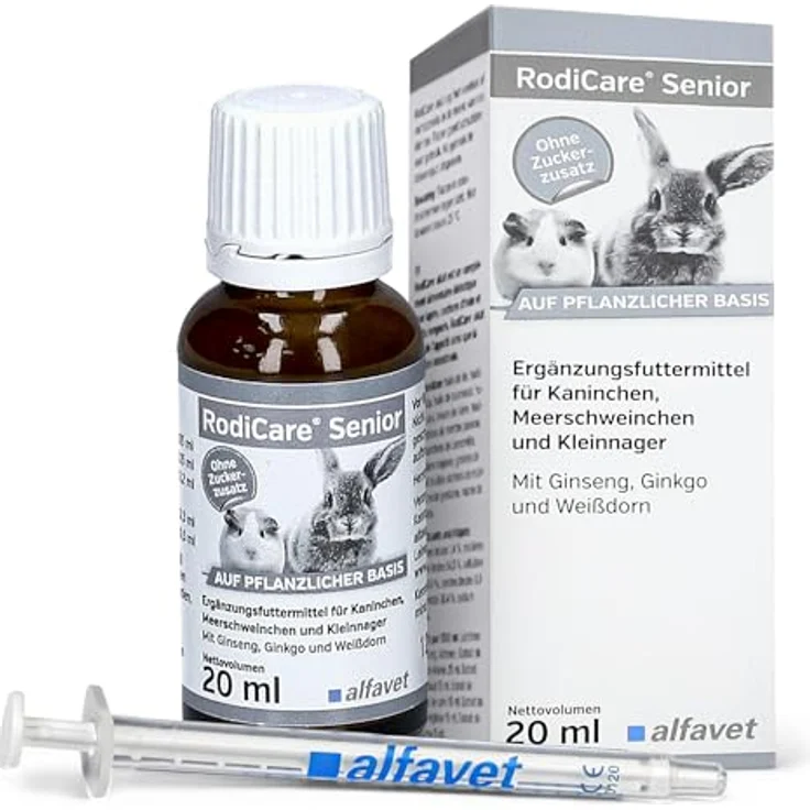 Alfavet Rodicare Senior, Ergänzungsfuttermittel für ältere Kaninchen, Meerschweinchen und Kleinnager, mit Ginseng, Ginkgo, Weißdorn, Zuckerfrei, Tonikum mit Dosierspritze, 20 ml – Bild 1