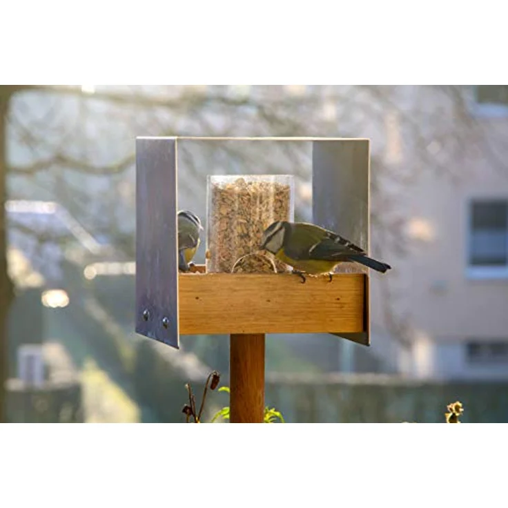 Hochwertiges Design-Vogelhaus ''Industrie-Bauhaus'' mit Futtersilo, Wildvogel-Futterstation inkl. Ständer, 15 x 16 x 16 cm, Eiche – Bild 9