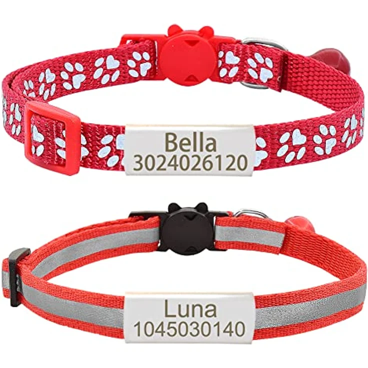 Senristar Personalisierte 2 Pack Reflektierende Katzenhalsbänder, mit Edelstahl-Namensschild und Glocke, verstellbar 8-11 Zoll, schwarz und silber – Bild 1