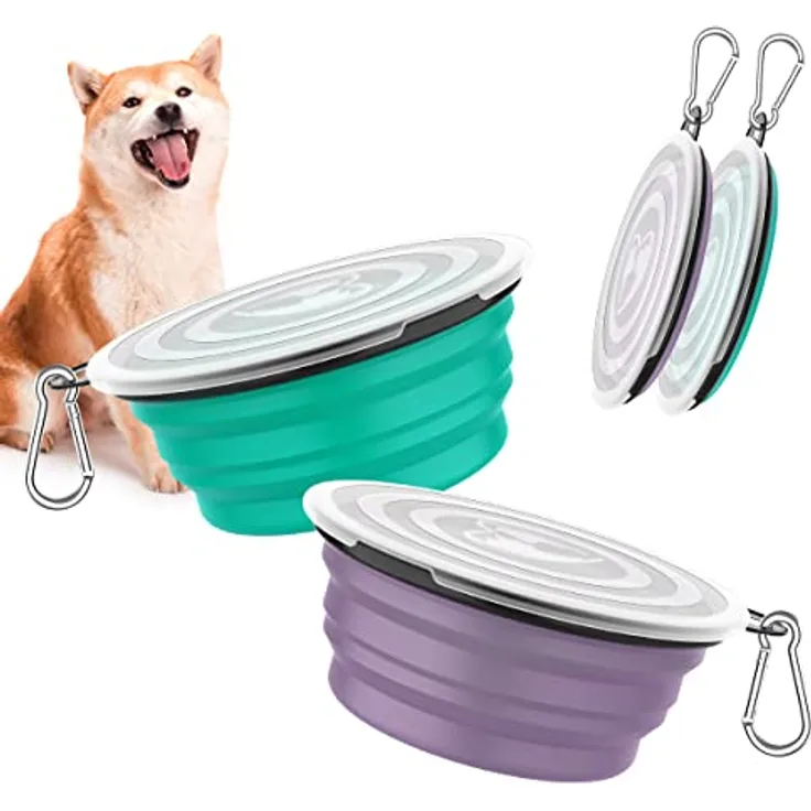 Pawaboo Faltbarer Hundenapf, 2 Stück, 450ml, tragbar, auslaufsicher mit Deckel und Karabiner für Hunde und Katzen, Türkis + Lila