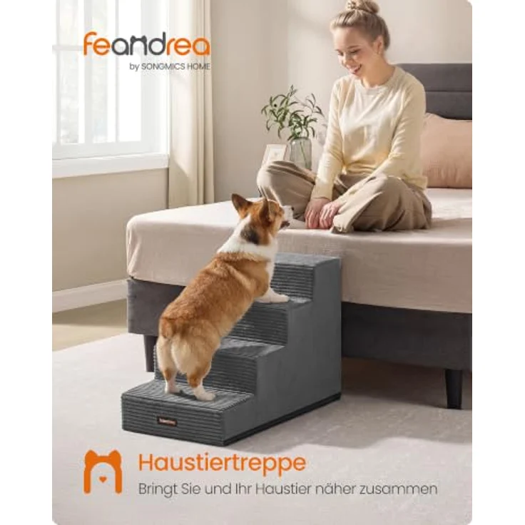 Feandrea Hundetreppe Baddi Kollektion PPS024GN01, 4 Stufen Katzentreppe aus hochdichtem Schaumstoff, 62 x 40 x 44 cm, Bleigrau, Waschbare Hunderampe für Kleine Hunde, Antirutsch-Oberfläche – Bild 2