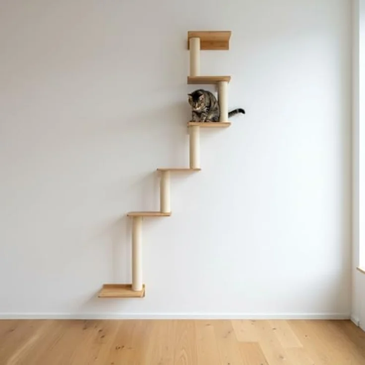 eyepower Kratzbaum zur Wandmontage Milo, 215 cm mit 6 Bambus Plateau, Sisalstamm und Montagewinkeln, platzsparend für Katzen – Bild 6