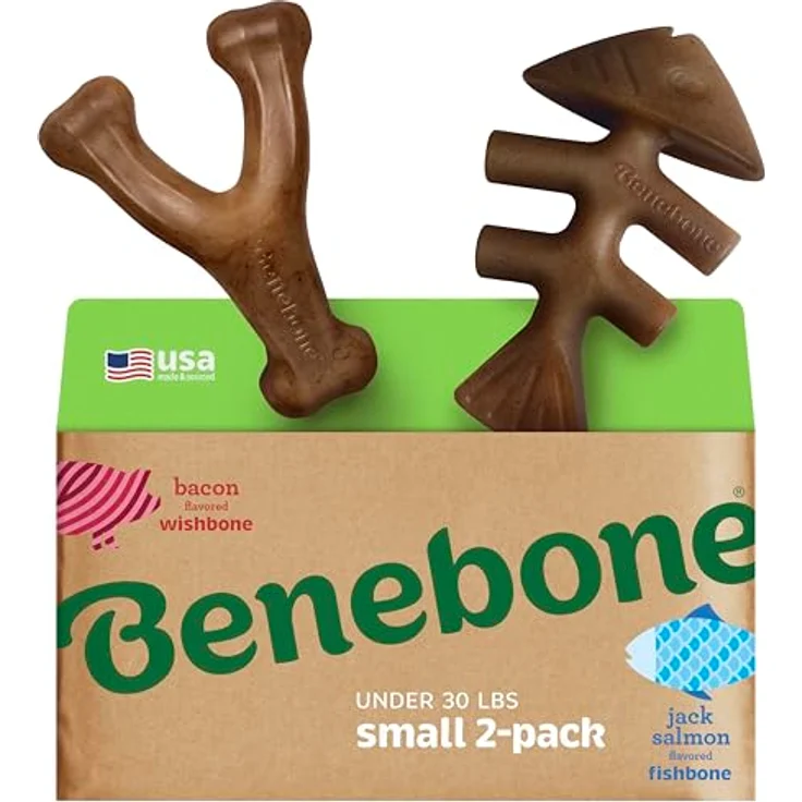 Benebone 2er Fishbone/Wishbone Kauspielzeug, Hundeknochen aus echtem Speck und Lachs, S – Bild 1