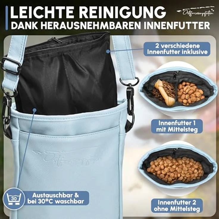 Ostfriesenpfoten® Leckerlibeutel 'Frieda', Hunde-Futterbeutel aus hochwertigem Kunstleder, Lavendelblau, Größe L, mit EasyOpen Einhandmagnetverschluss, zwei getrennten Leckerlibereichen, kotbeutelspender und Schultergurt. – Bild 2