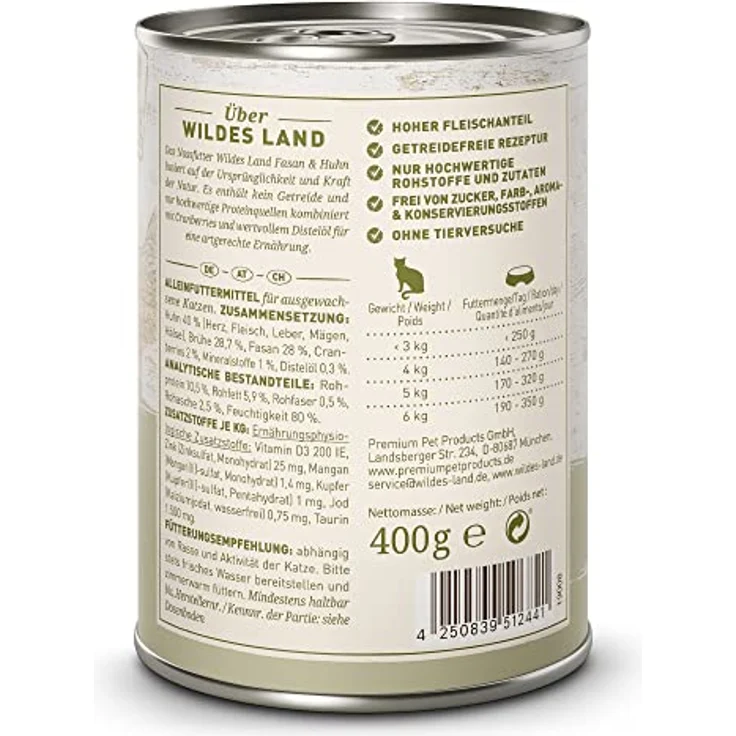 WILDES LAND Nassfutter für Katzen, Huhn und Fasan, 6 x 400 g, ohne Farbstoffe und Konservierungsstoffe, getreidefrei – Bild 2