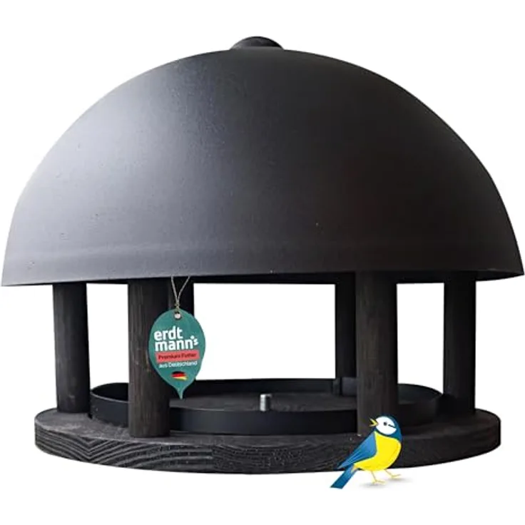 Erdtmanns Vogelhaus Dom, Vogelfutterhaus für kleinere Vögel aus Holz und pulverbeschichtetem Stahl, kombinierbar mit schwarzem Vogelhausständer