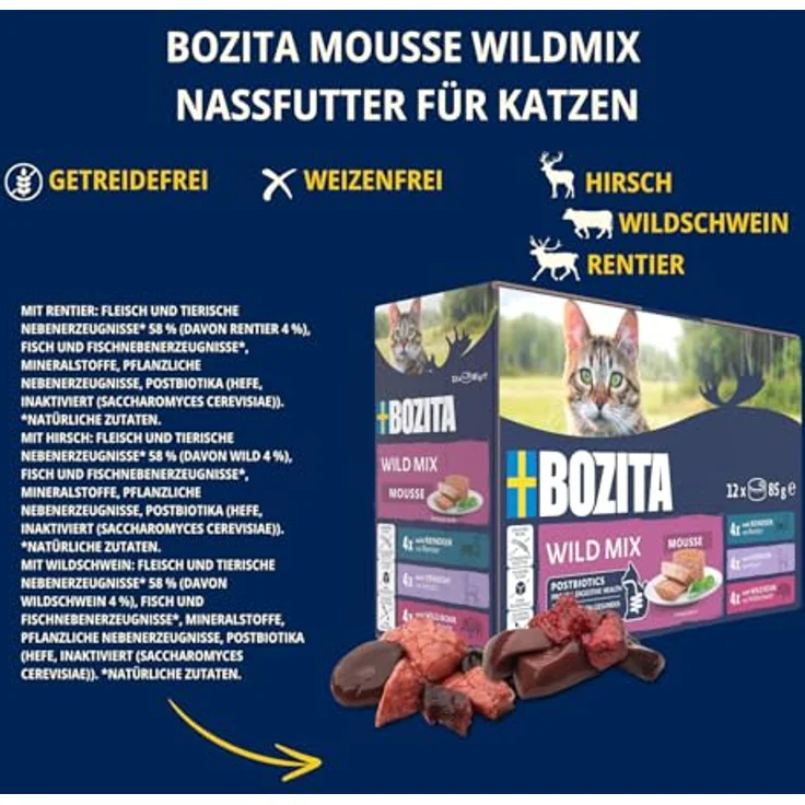 Bozita Mousse Mixed Wild, Katzen-Nassfutter mit Rentier, Hirsch und Wildschwein, 12x85g, getreidefrei und mit Postbiotika – Bild 3