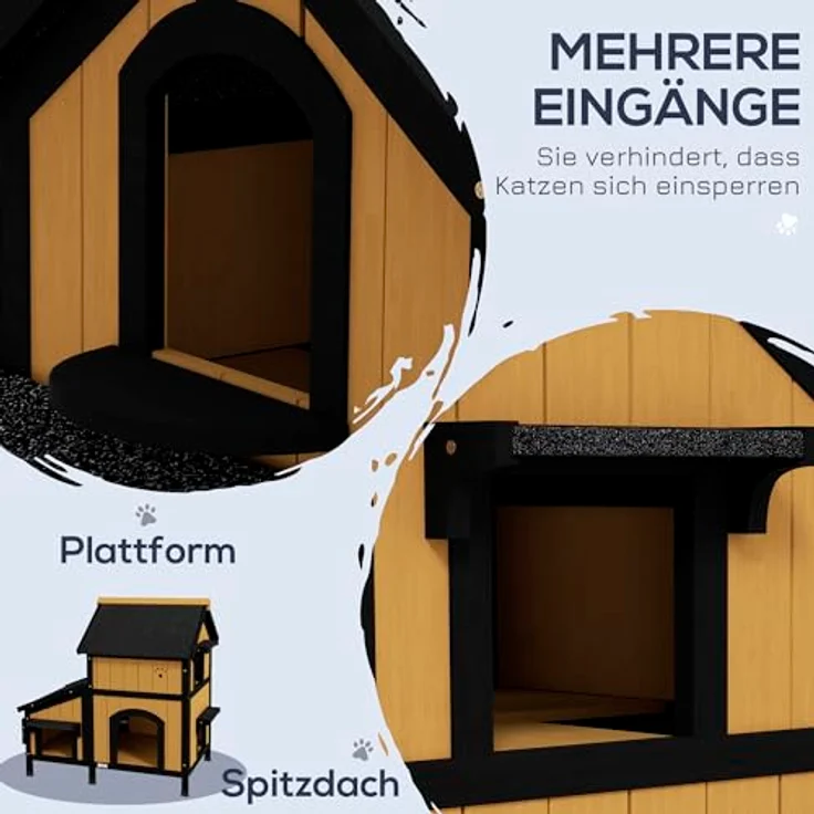 PawHut Katzenhaus, Tannenholz, Outdoor Katzenhütte mit 2 Etagen, mehreren Eingängen, winterfest mit Asphaltadach, Blumenkasten, erhöhtes Design, gelb, 96 x 65 x 85,5 cm – Bild 3