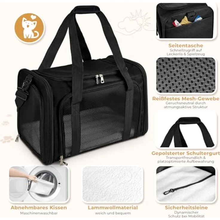 Lohofrnny Transporttasche Katze, Faltbare Tragetasche für Haustiere bis 5kg, Wasserabweisendes Polyester, schwarz, 43x28x28cm – Bild 3
