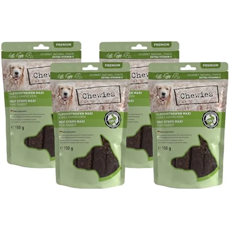 Chewies Fleischstreifen Maxi, 100% Kaninchenfleisch, 4 x 150 g, luftgetrocknete, zuckerfreie & getreidefreie Hundeleckerli, made in Germany