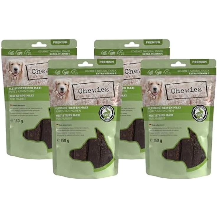 Chewies Fleischstreifen Maxi, 100% Kaninchenfleisch, 4 x 150 g, luftgetrocknete, zuckerfreie & getreidefreie Hundeleckerli, made in Germany – Bild 1