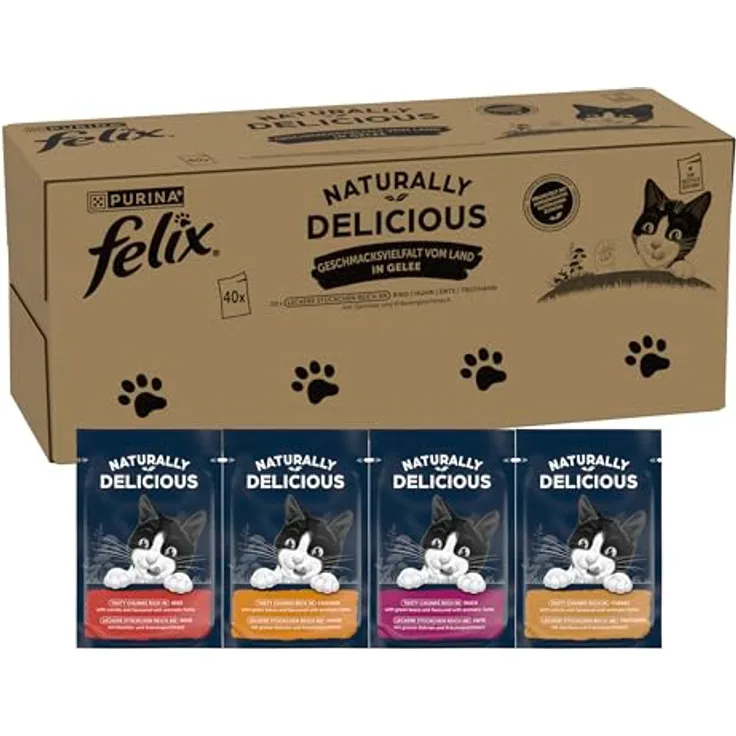 Felix Naturally Delicious Katzenfutter nass, Geschmacksvielfalt vom Land mit Gemüse in Gelee, 80er Pack (2x40x80g), getreidefrei, für ausgewachsene Katzen