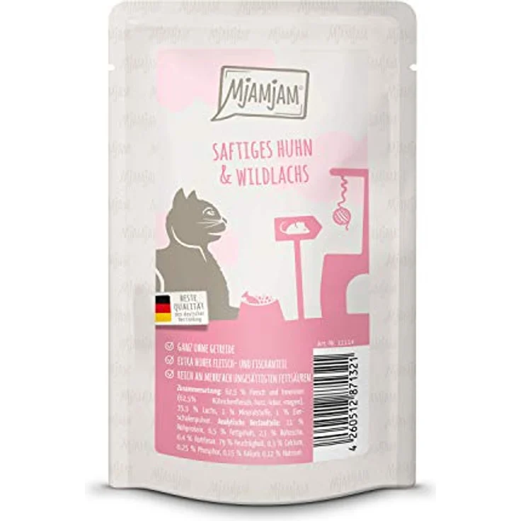 MjAMjAM Premium Katzenfeuchtfutter Quetschie, saftiges Huhn und Wildlachs, getreidefrei, 1 x 125g – Bild 1