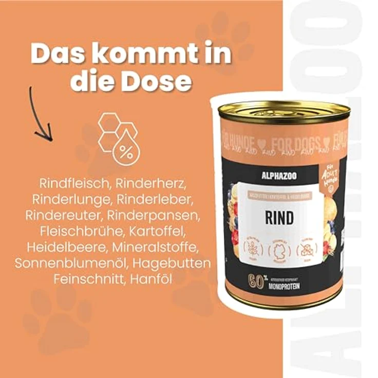 alphazoo Nassfutter Hund Monoprotein Rind 6x400g – getreidefreies Alleinfutter mit Kartoffel, Heidelbeere & Hagebutte, reich an Protein & Vitaminen, regional hergestellt – Bild 4