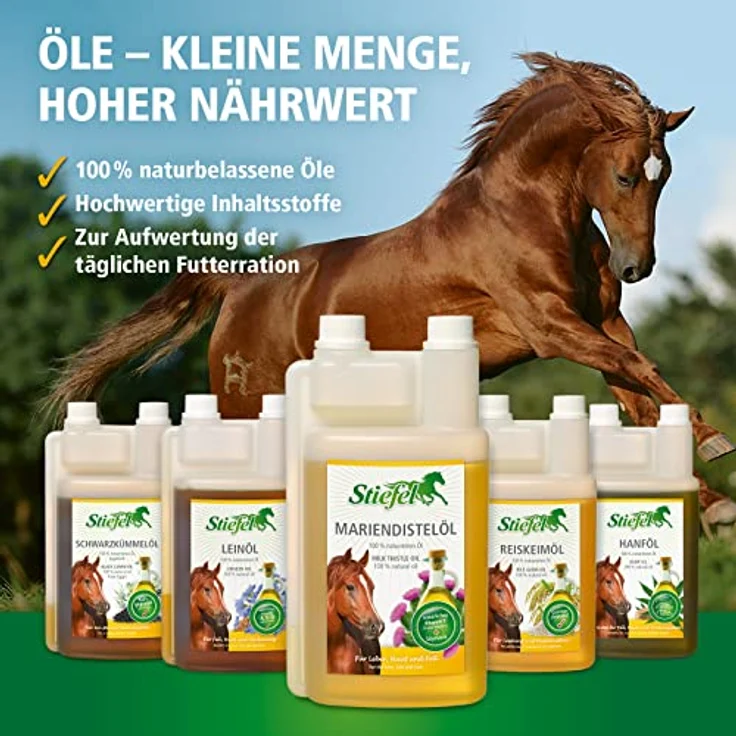 Stiefel Mariendistelöl für Pferde, 100% naturreines Öl zur Unterstützung der Leberfunktion, hochwirksam für Haut & Fell, flüssig mit Dosierflasche, 1l – Bild 3