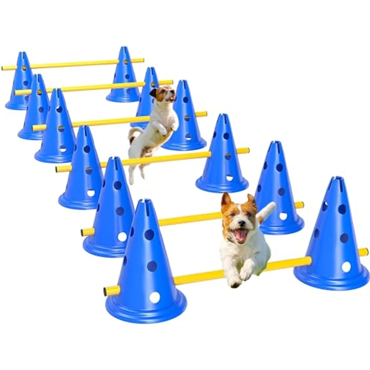PawHut Agility Set Hunde, 6-teiliges Agility Ausrüstung mit 12 Kegeln, höhenverstellbar und tragbar, blau – Bild 1