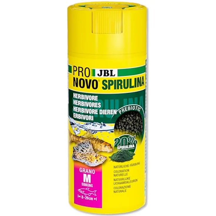 JBL PRONOVO SPIRULINA GRANO, Grünfuttergranulat für Aquarienfische von 8-20 cm, M, 250 ml mit Klickdosierer
