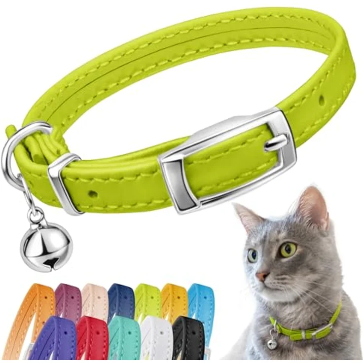 CollarDirect Leder Katzenhalsband mit Sicherheitsverschluss, 23-28 cm, Limetten-Grün, elastischer Gurt und Glocke für mittlere Katzen – Bild 1