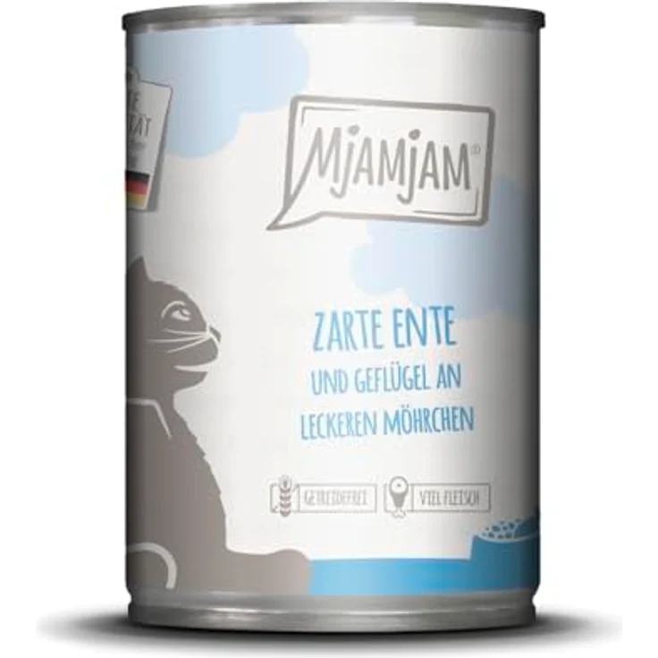 MjAMjAM 6 x 400 g Katzen-Nassfutter, Ente & Geflügel, getreidefrei, hohe Fleischanteil, schonend dampfgegart – Bild 1