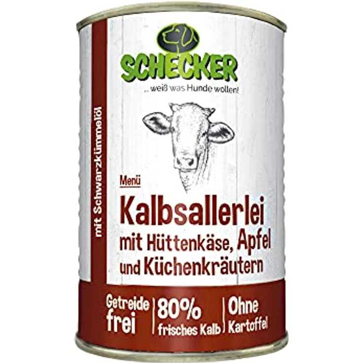Schecker Hundemenü vom Kalb mit Hüttenkäse, Apfel und Kräutern - getreidefrei, mit Schwarzkümmelöl, 12 x 410 g – Bild 3
