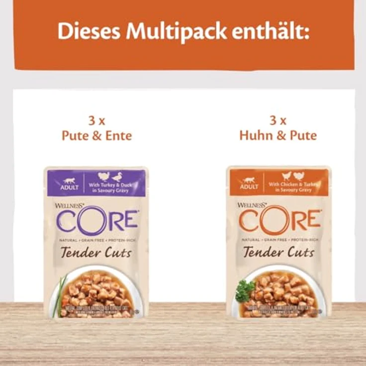 Wellness CORE Tender Cuts, Pute Selection Mix, 6 x 85 g, Premium Nassfutter für Katzen in Sauce, getreidefrei, ohne Zuckerzusatz, hoher Fleischanteil – Bild 2