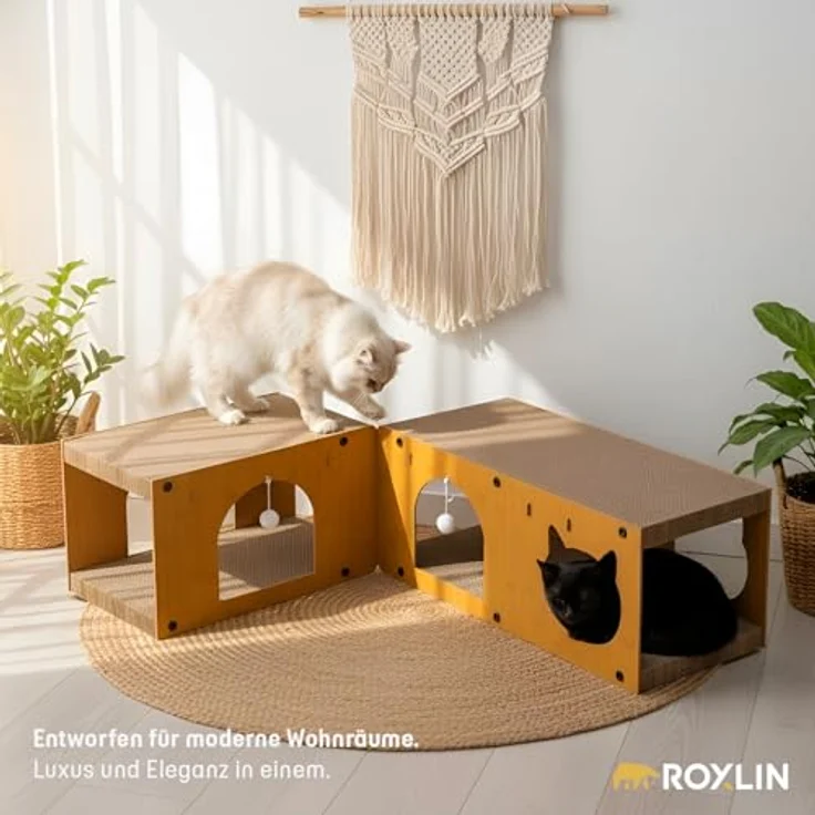 Roxlin ROXLIN Katzen TV-Möbel, Holzdesign in Gelb, modernes Katzenspielzeug mit Kratzfläche und Höhlen, stabiles Tunnel-Modell für Wohnzimmer – Bild 2