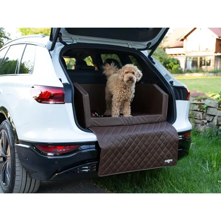 CopcoPet Hundebox für Auto, Kofferraumschutz mit Ladekantenschutz, herausnehmbare Matte und Anschnallsystem, 80x55x38cm, Braun